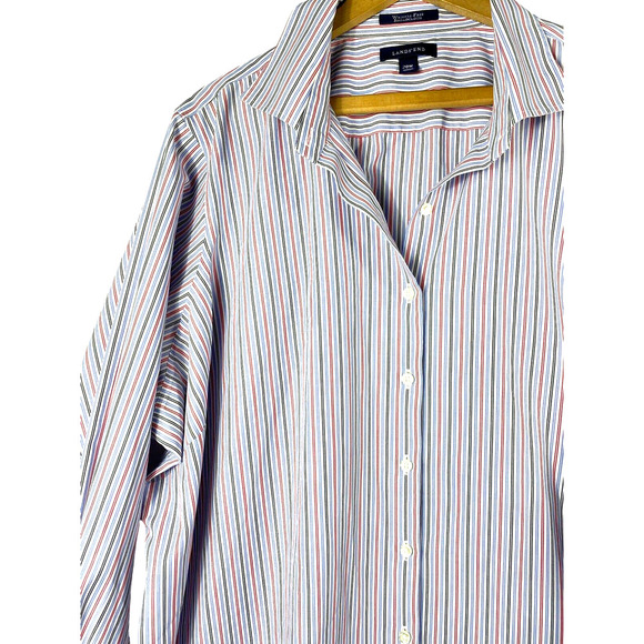 Lands End Wrinkle Free Broadcloth 28W 4X Button Down Shirt Women White Blue Pink - Picture 1 of 11